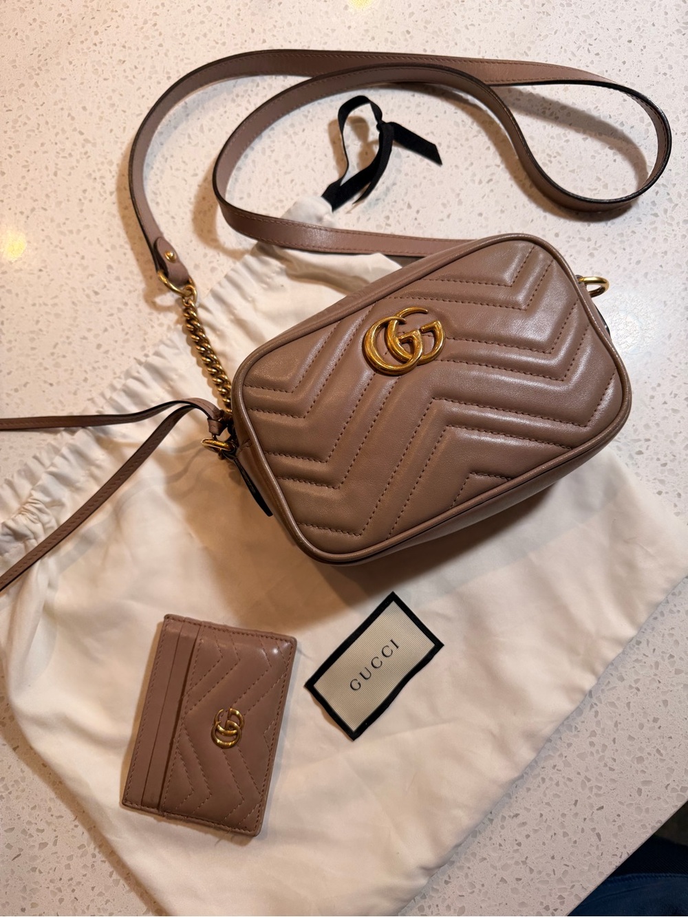 Gucci Pink Beige Quilted GG Marmont Crossbody with Card Holder
